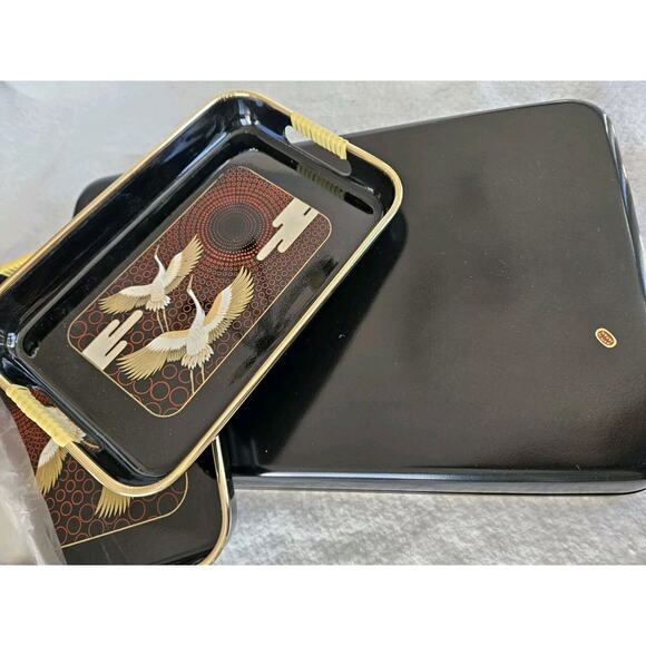 Vintage Set Of 3 Lacquerware Nesting Trays Gold Trim Flying Cranes Made in Japan - Picture 3 of 6